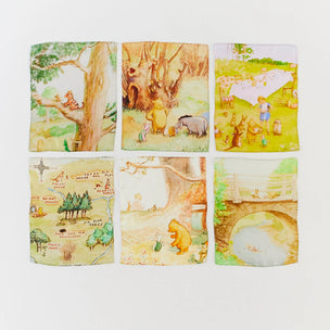 Set of six fabric panels with Winnie the Pooh and friends illustrations on a white background