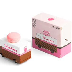 Candylab wooden toy Framboise Macaron van with a macaron on the roof with the box | Conscious Craft