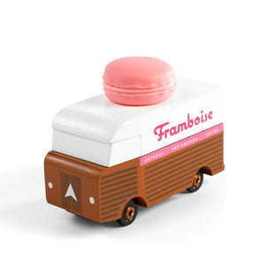 Candylab wooden toy Framboise Macaron van with a macaron on the roof  taken from the front| Conscious Craft