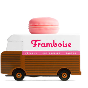 Candylab wooden toy Framboise Macaron van from the side with a macaron on the roof | Conscious Craft