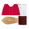 Wooden toy boat kit with red sail, wooden boat, and instruction sheet on a white background