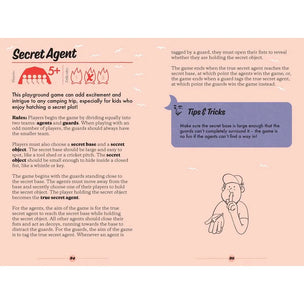 A printed game card or booklet page titled 'Secret Agent' with illustrated red tents, a blue 'Tips & Tricks' box, and small line drawings of players and a flag on a white background.