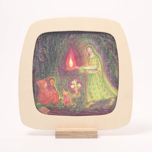 Small screen displaying a colorful illustration of a woman holding a flame, with two children on a white background.
