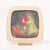 Small screen displaying a colorful illustration of a woman holding a flame, with two children on a white background.