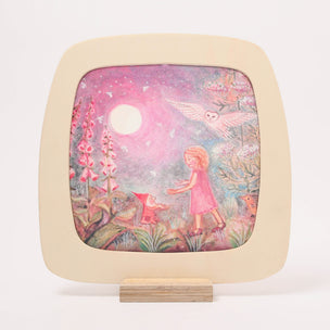Decorative lamp with a fairy tale design featuring a girl, red fox, and owl against a pink sky.