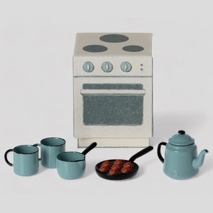 paper box stove with blue mini cooking set for maileg mice