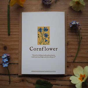 Card with cornflower illustration and text on a wooden surface with flowers