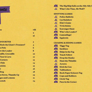 A printed table of contents page from a children's activity book or game booklet, shown on a yellow background. The page has a purple title banner reading 'Contents' and black text listing chapters such as Introduction, Game Key, Prizes, Family Favourites, Spotted Games, Chasing & Hiding Games, and a final activity called 'Puss in the Corner.