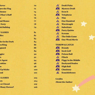A yellow board game instruction or rules reference sheet with columns of text listing game terms and page numbers, plus small illustrated icons and stars.