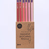 Set of gradient sketching pencils in a cardboard box on a light purple background