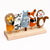 Set of five animal finger puppets on a wooden stand against a white background