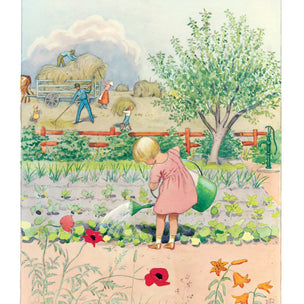 Child watering the garden, Art print by Elsa Beskow