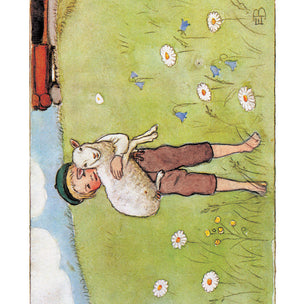 Pelle holding his sheep while standing in flower meadow, Painting from the book Pelle & his new suite by Elsa Beskow