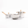 Set of stainless steel cookware with wooden handles on a white background