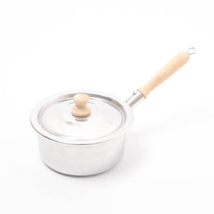 White pot with a wooden handle and lid knob on a white background