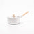 Small saucepan with wooden handle and lid knob on a white background