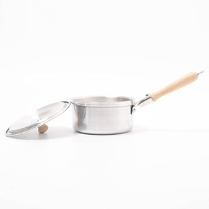 Stainless steel pot with wooden handle on a white background