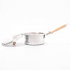 Stainless steel pot with wooden handle on a white background
