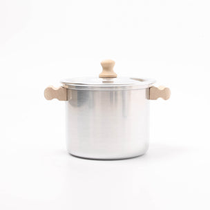Stainless steel pot with wooden handles on a white background