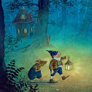a gnome & a mouse walking with a lantern in the woods by Daniella Drescher
