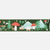 A horizontal strip of whimsical winter forest tape featuring red mushrooms, evergreen trees, cabins, deer, stars, and snow-covered mountains on a dark green background.