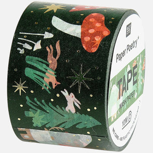 A roll of Paper Poetry Washi Tape featuring a dark forest theme with gold glitter stars, a red mushroom, a green hare, and a pink rabbit.