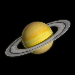 Illustration of Saturn with its prominent rings on a black background
