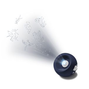 Navy blue night light projector with star constellation patterns on a white background