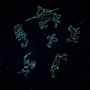 Illustrations of zodiac signs on a starry night sky background