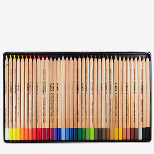 A 36-color set of wooden drawing pencils arranged in a black plastic case, showing a full spectrum of colors from yellow and orange to red, pink, blue, green, brown, and gray, on a light gray background.