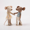Two Maileg ballet dancer mouse toys, dancing together on a white background.