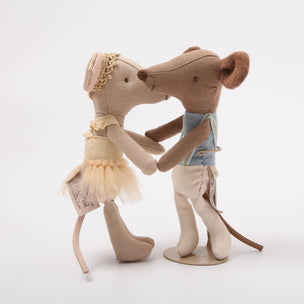 Two Maileg ballet dancer mouse toys, one in a dress and the other in a suit, standing close together on a white background.