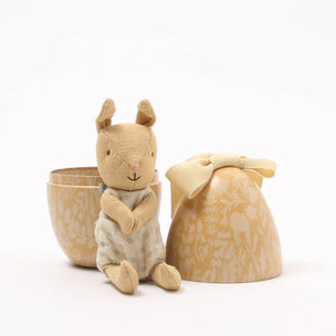 Maileg rabbit with a decorative  Easter Egg container on a white background