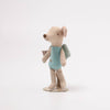 Small Maileg Fairy mouse wearing a blue sweater on a white background