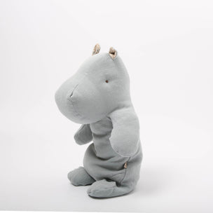 Gray Maileg plush hippo toy on a white background