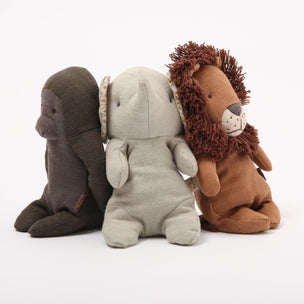 Maileg soft mini Three plush toys resembling a lion, elephant, and gorilla on a white background