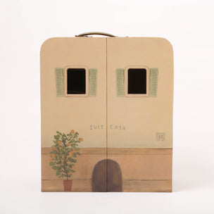 Beige Maileg suitcase with architectural design and 'Suit Casa' branding on a white background