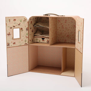 Open cardboard Maileg playhouse with patterned design on a white background