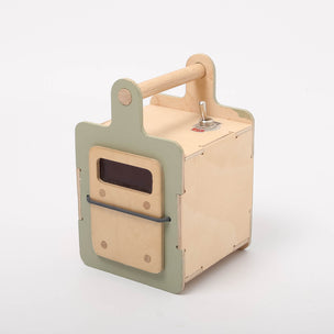 Wooden toy with a handle and door on a white background