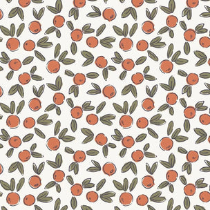 Pattern of red fruits with green leaves on a white background