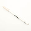 White makeup brush with black text on a white background