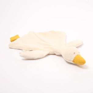 Plush toy goose with a yellow beak on a white background