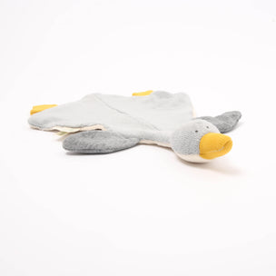 Gray and yellow duck-shaped toy on a white background