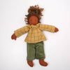 Textile doll with a yellow checkered shirt and green pants on a white background