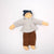 Doll wearing a gray coat, brown pants, and a blue hat on a white background