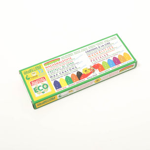 Box of colorful wax crayons with branding on a white background