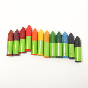 Set of colorful crayons with green bases on a white background