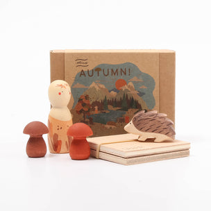 Grapat & Ostheimer | Hello Autumn seasonal box, with a peg doll, hedgehog and mushrooms. 