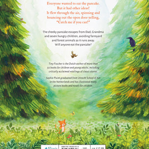 The back cover of The Runaway Pancake by Tiny Fisscher and Sophie Pluim