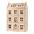 A light natural wood dollhouse with three floors, multiple cutout windows, and a front door, shown on a plain white background.